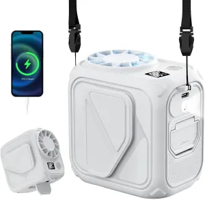 Portable Waist Fan Rechargeable,10000mAh Mini Neck Fan With AI Chip,5 Speeds Strong Airflow,Max 20H Working Time,LED Light,Personal Clip Belt Fan for Outdoor,Traveling,Jobsite(White). Waist-mounted portable fan for outdoor use