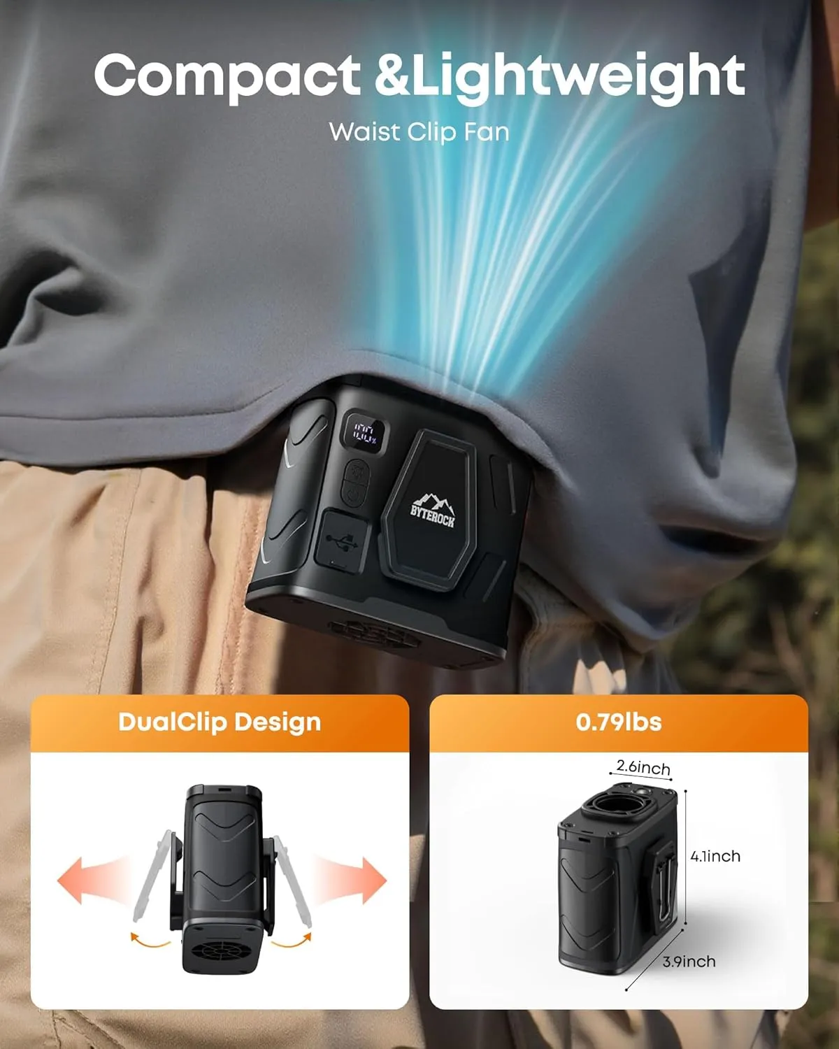 Portable Waist Fan with 16000RPM Turbo Wind, 40H Runtime, 10000mAh Battery  Clip-On, Neck, or Desk Use, Flashlight & USB Charging Support for Outdoor Work, Camping  Black