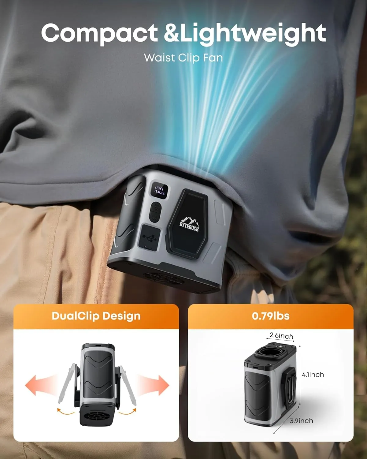 Portable Waist Fan with 16000RPM Turbo Wind, 40H Runtime, 10000mAh Battery  Clip-On, Neck, or Desk Use, Flashlight & USB Charging Support for Outdoor Work, Camping  Gray