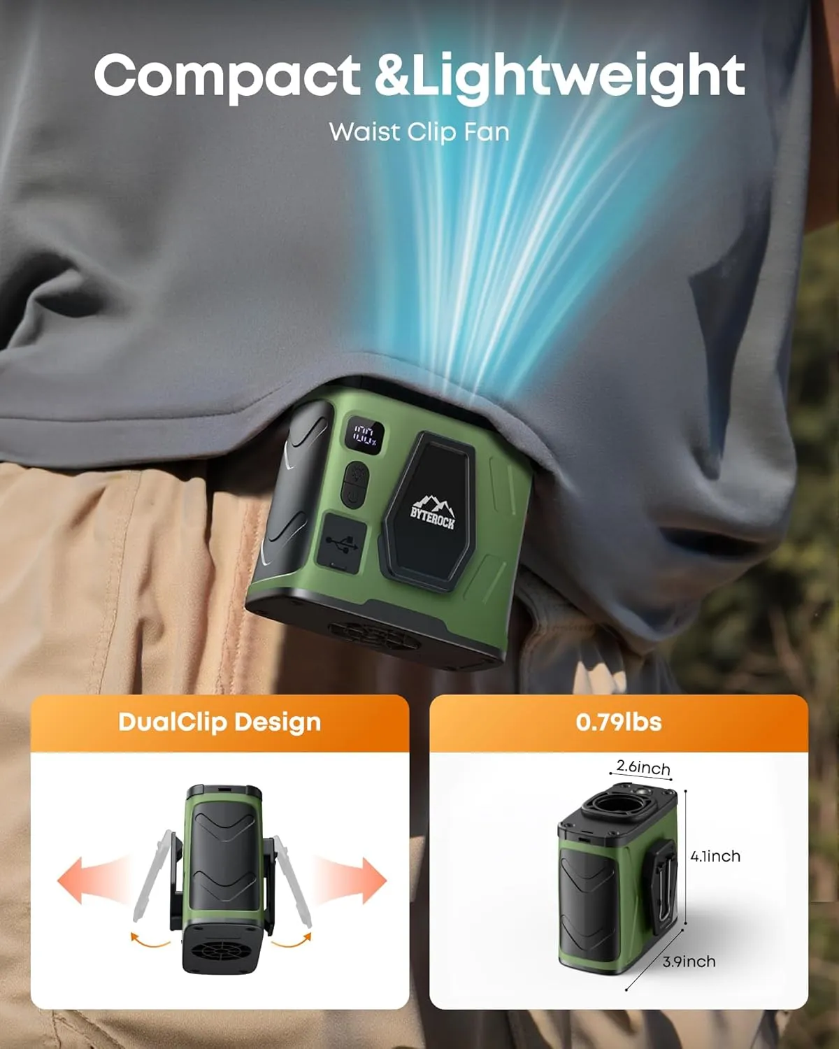 Portable Waist Fan with 16000RPM Turbo Wind, 40H Runtime, 10000mAh Battery  Clip-On, Neck, or Desk Use, Flashlight & USB Charging Support for Outdoor Work, Camping  Green