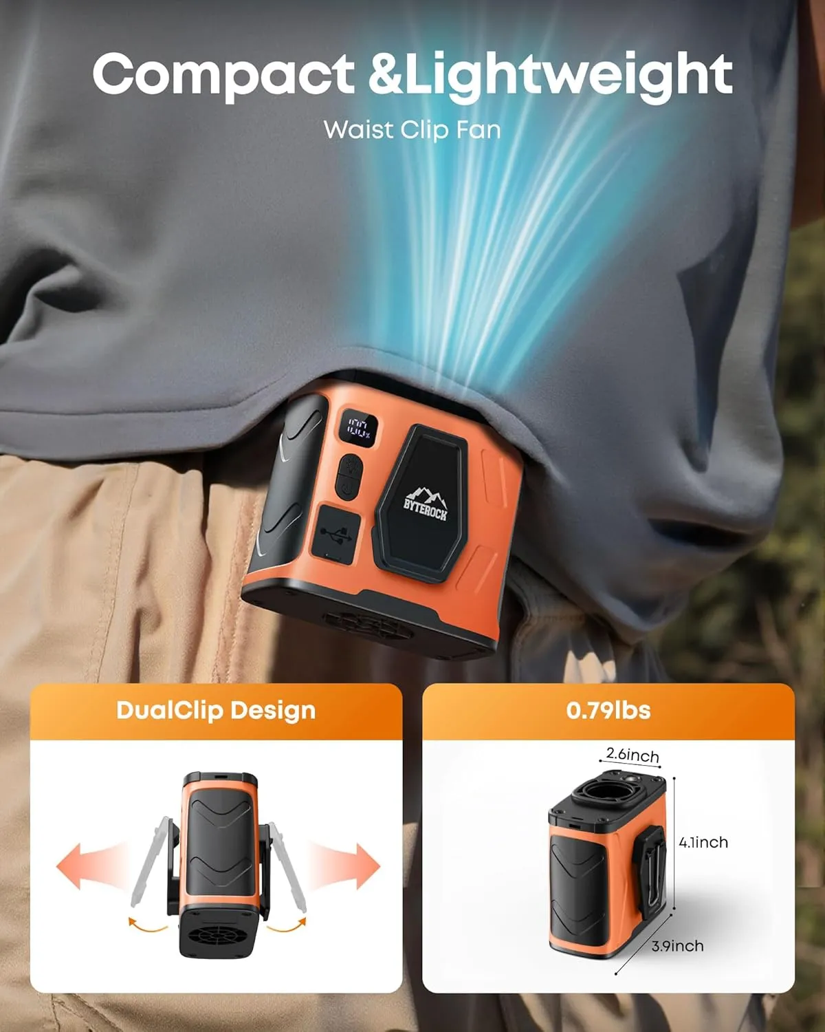 Portable Waist Fan with 16000RPM Turbo Wind, 40H Runtime, 10000mAh Battery  Clip-On, Neck, or Desk Use, Flashlight & USB Charging Support for Outdoor Work, Camping  Orange