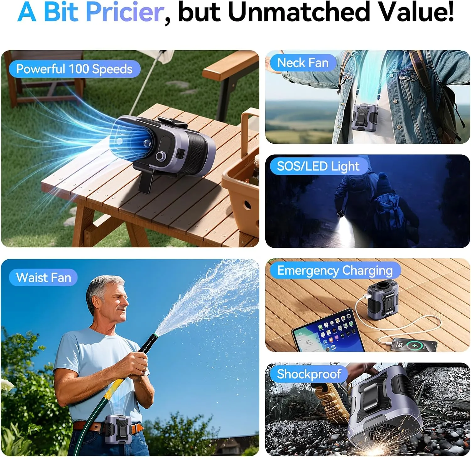Portable Waist Fan with Light, 100 Speeds Powerful 13500RPM, Hands-Free Neck Fan with up to 24H Cooling, Rechargeable Personal Wearable Belt Body Shirt Fan for Camping Outdoor Jobsite, Grey