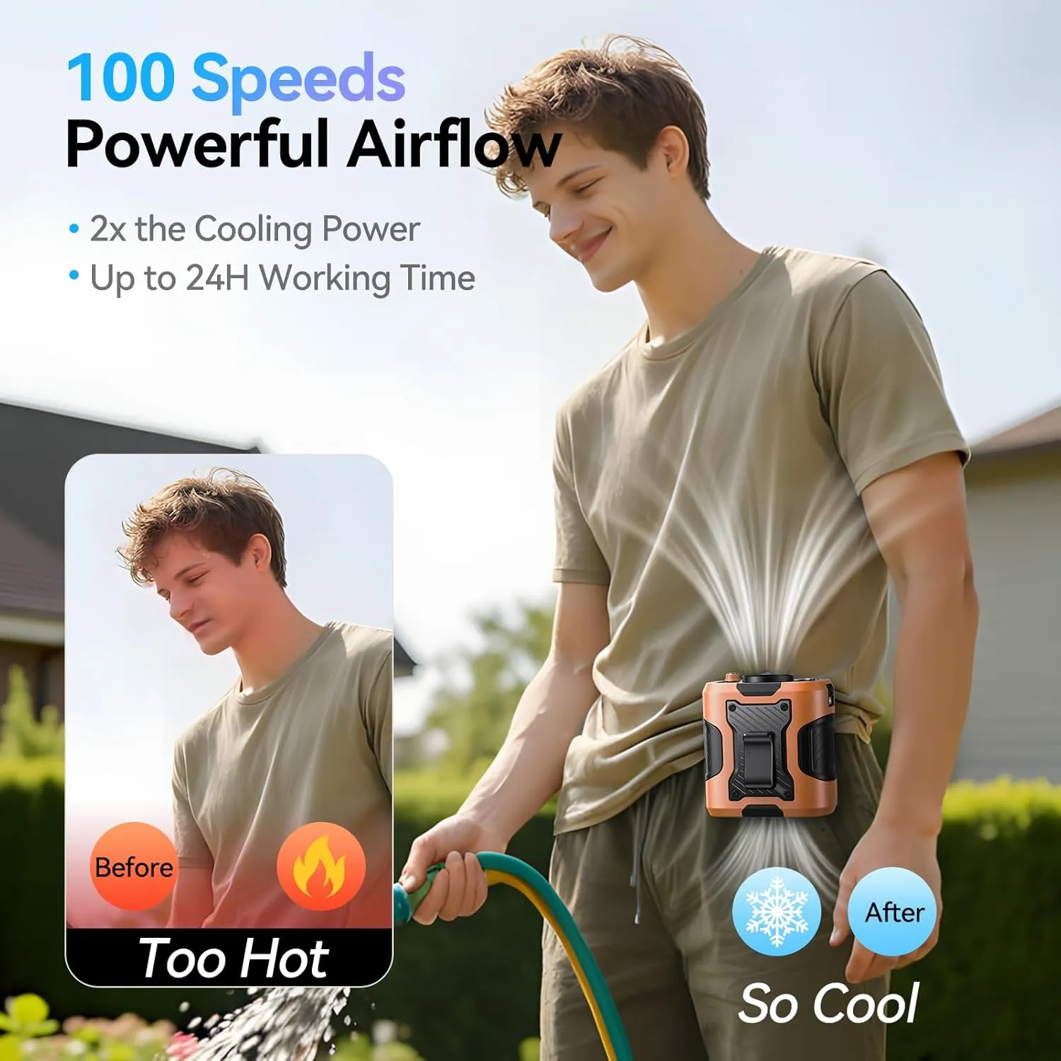 Portable Waist Fan with Light, 100 Speeds Powerful 13500RPM, Hands-Free Neck Fan with up to 24H Cooling, Rechargeable Personal Wearable Belt Body Shirt Fan for Camping Outdoor Jobsite, Orange