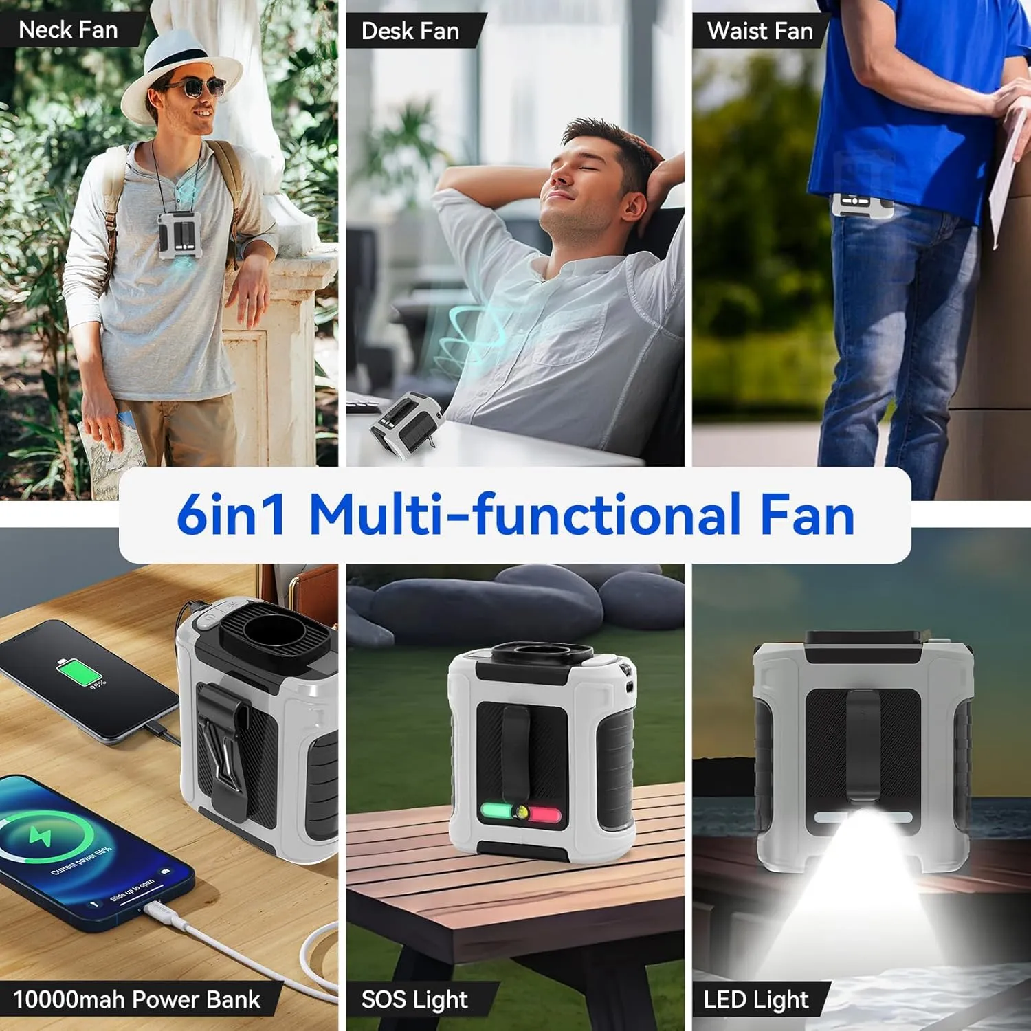 Portable Waist Fan,10000mAh Wearable Neck Fan Power Bank ,5 Speeds 16000RPM Strong Airflow Belt fan 40H Working Time, Rechargeable Personal Fan for Heatstroke Prevention,Outdoor, Hiking, Farm(Gray)
