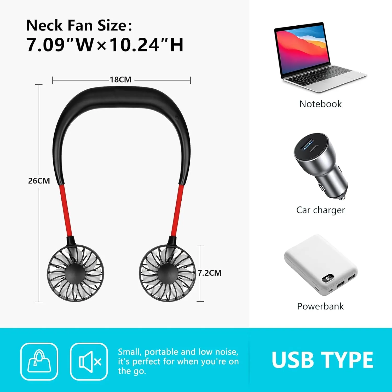 Portable Wearable Neck Fan Rechargeable: 360 Degrees Rotation Mini Personal Cooling Neckband Fans with 3 Speed Settings Hands Free for Sports Office Working Travel Outdoor Activities
