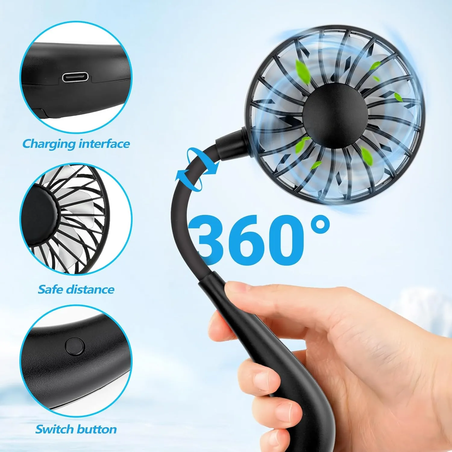 Portable Wearable Neck Fan Rechargeable: 360 Degrees Rotation Mini Personal Cooling Neckband Fans with 3 Speed Settings Hands Free for Sports Office Working Travel Outdoor Activities