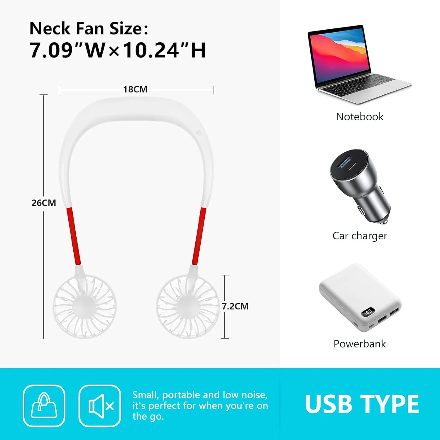 Portable Wearable Neck Fan Rechargeable: 360 Degrees Rotation Mini Personal Cooling Neckband Fans with 3 Speed Settings Hands Free for Sports Office Working Travel Outdoor Activities