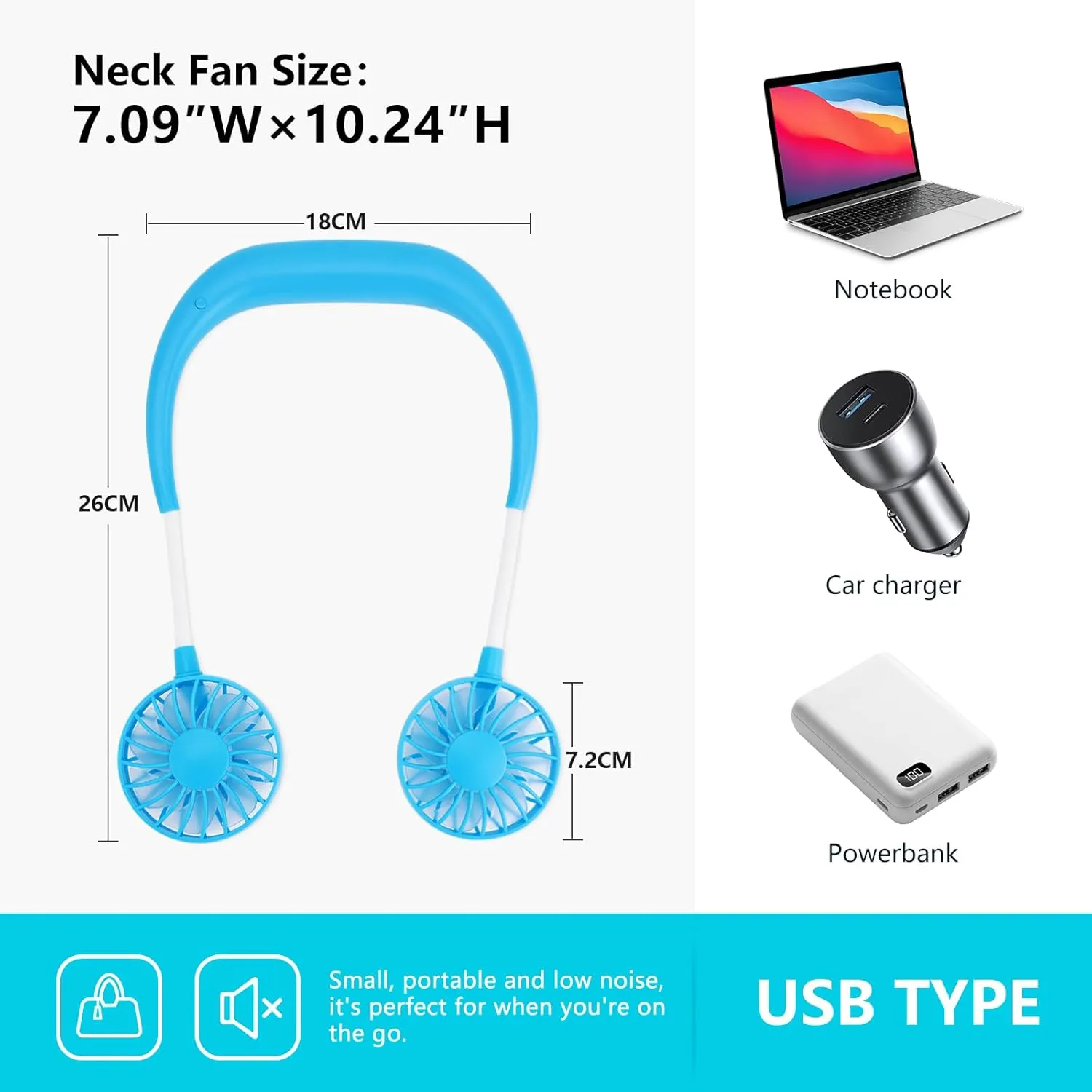 Portable Wearable Neck Fan Rechargeable: 360 Degrees Rotation Mini Personal Cooling Neckband Fans with 3 Speed Settings Hands Free for Sports Office Working Travel Outdoor Activities