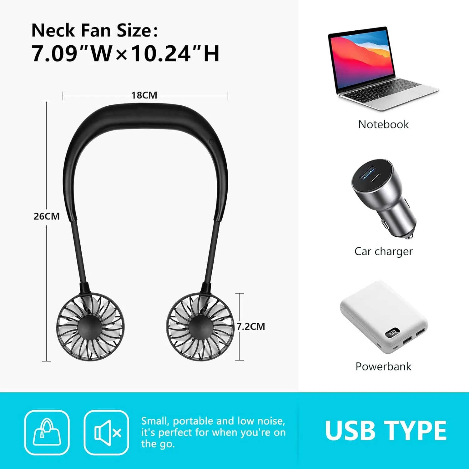 Portable Wearable Neck Fan Rechargeable: 360 Degrees Rotation Mini Personal Cooling Neckband Fans with 3 Speed Settings Hands Free for Sports Office Working Travel Outdoor Activities