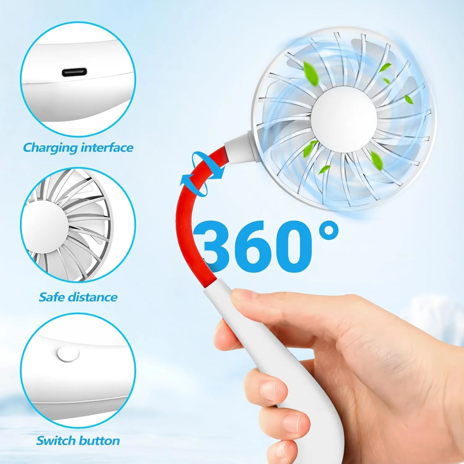 Portable Wearable Neck Fan Rechargeable: 360 Degrees Rotation Mini Personal Cooling Neckband Fans with 3 Speed Settings Hands Free for Sports Office Working Travel Outdoor Activities