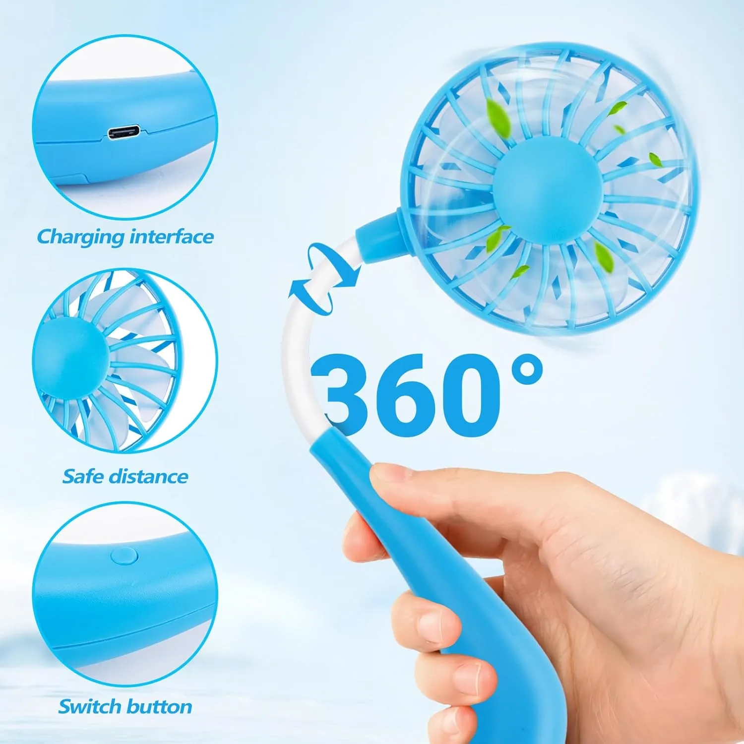 Portable Wearable Neck Fan Rechargeable: 360 Degrees Rotation Mini Personal Cooling Neckband Fans with 3 Speed Settings Hands Free for Sports Office Working Travel Outdoor Activities