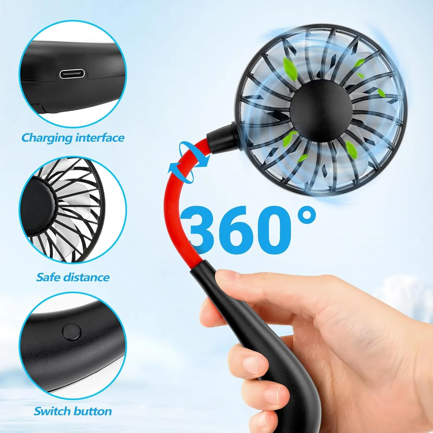 Portable Wearable Neck Fan Rechargeable: 360 Degrees Rotation Mini Personal Cooling Neckband Fans with 3 Speed Settings Hands Free for Sports Office Working Travel Outdoor Activities