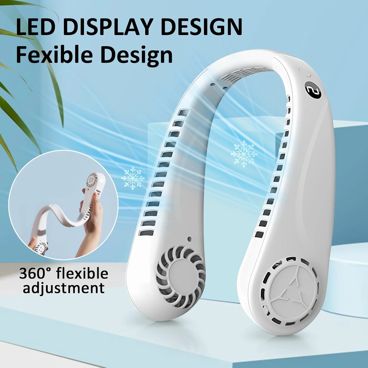 Portable Bladeless Hanging Neck Fans with Screen Display and 5 Speeds Levels, USB Rechargeable, 360 Cooling Wearable Personal Fan for Work Travel Sport Outdoor (White)