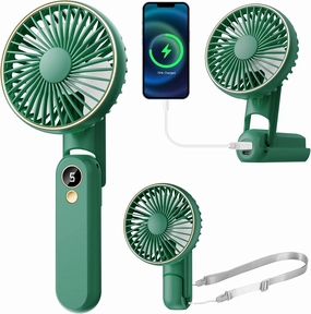 Portable Handheld Fan, 180 Foldable Personal Fan, USB Rechargeable Mini Hand Fans for Travel/Summer/Outdoor/Office, 5 Speeds Adjustable, LED Display, [5-15 Working Hours],Green Mini handheld fan for personal cooling
