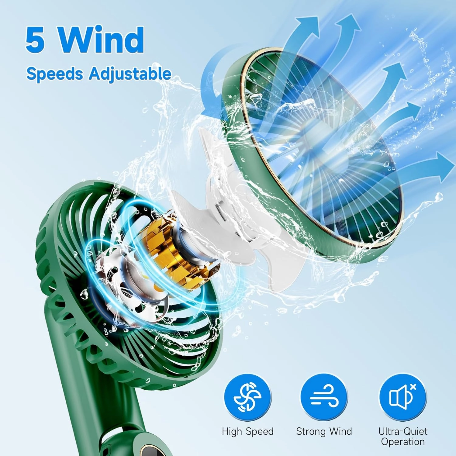 Portable Handheld Fan, 180 Foldable Personal Fan, USB Rechargeable Mini Hand Fans for Travel/Summer/Outdoor/Office, 5 Speeds Adjustable, LED Display, [5-15 Working Hours],Green