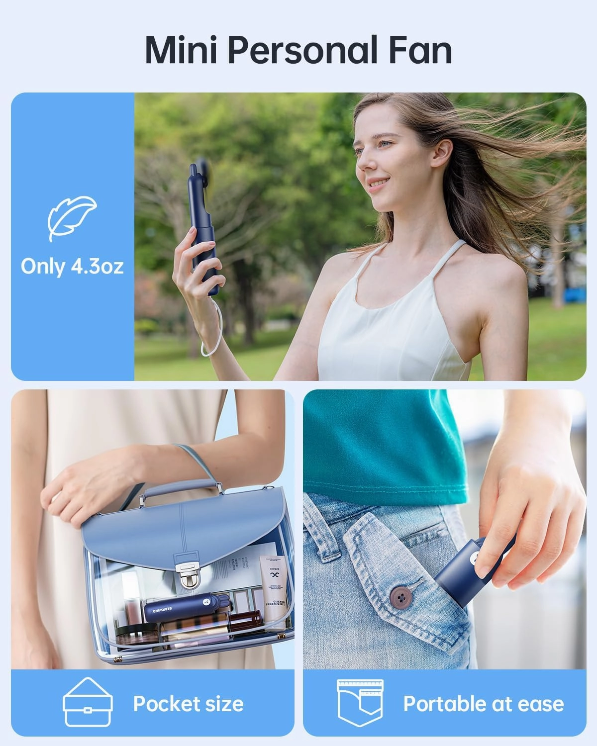 Portable Handheld Mini Fan: 2 in 1 Rechargeable Hand Held Fan with Backup Power & Digital Display - Summer Essentials for Travel, Concerts, Makeup, Lash - Gifts for Women, Girls (Blue)