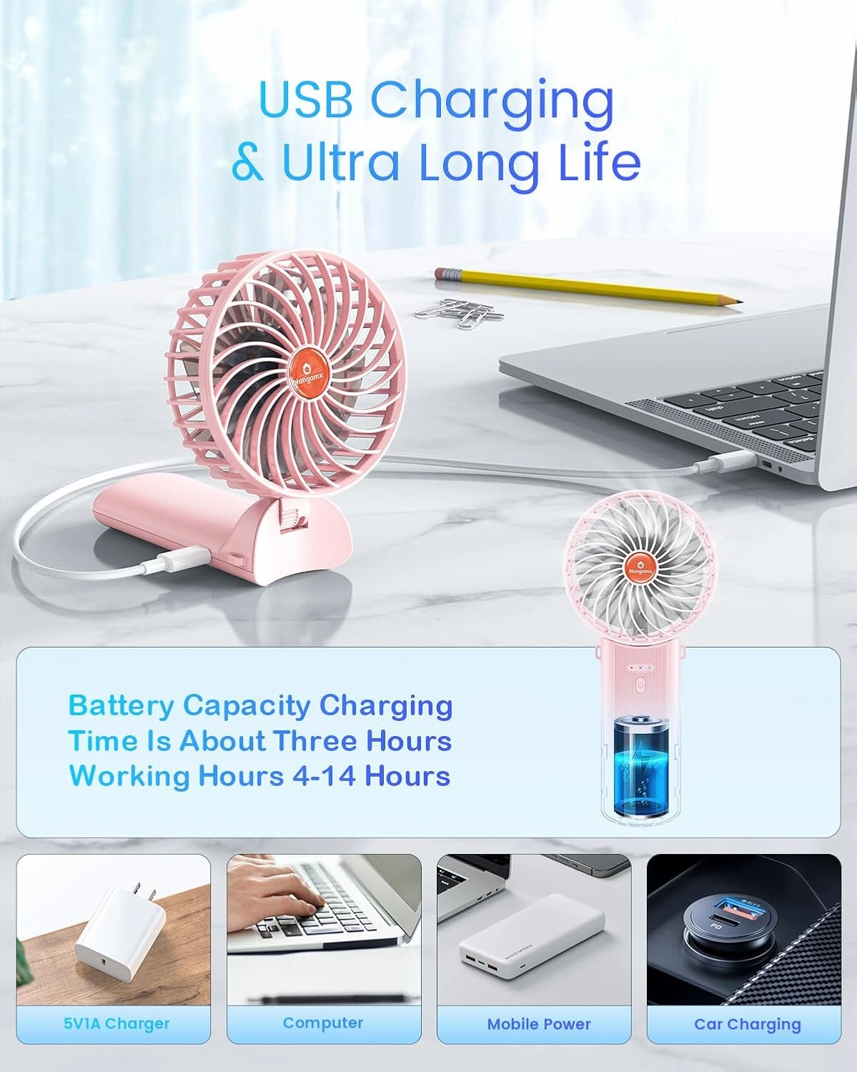 Portable Handheld Mini Fan Rechargeable: Small Hand Personal Foldable Fans 180 Adjustable 4 Speed Wind Cooling Air Blow for Travel Face lash Indoor Outdoor Office Camping Household Women Men Kid Pink