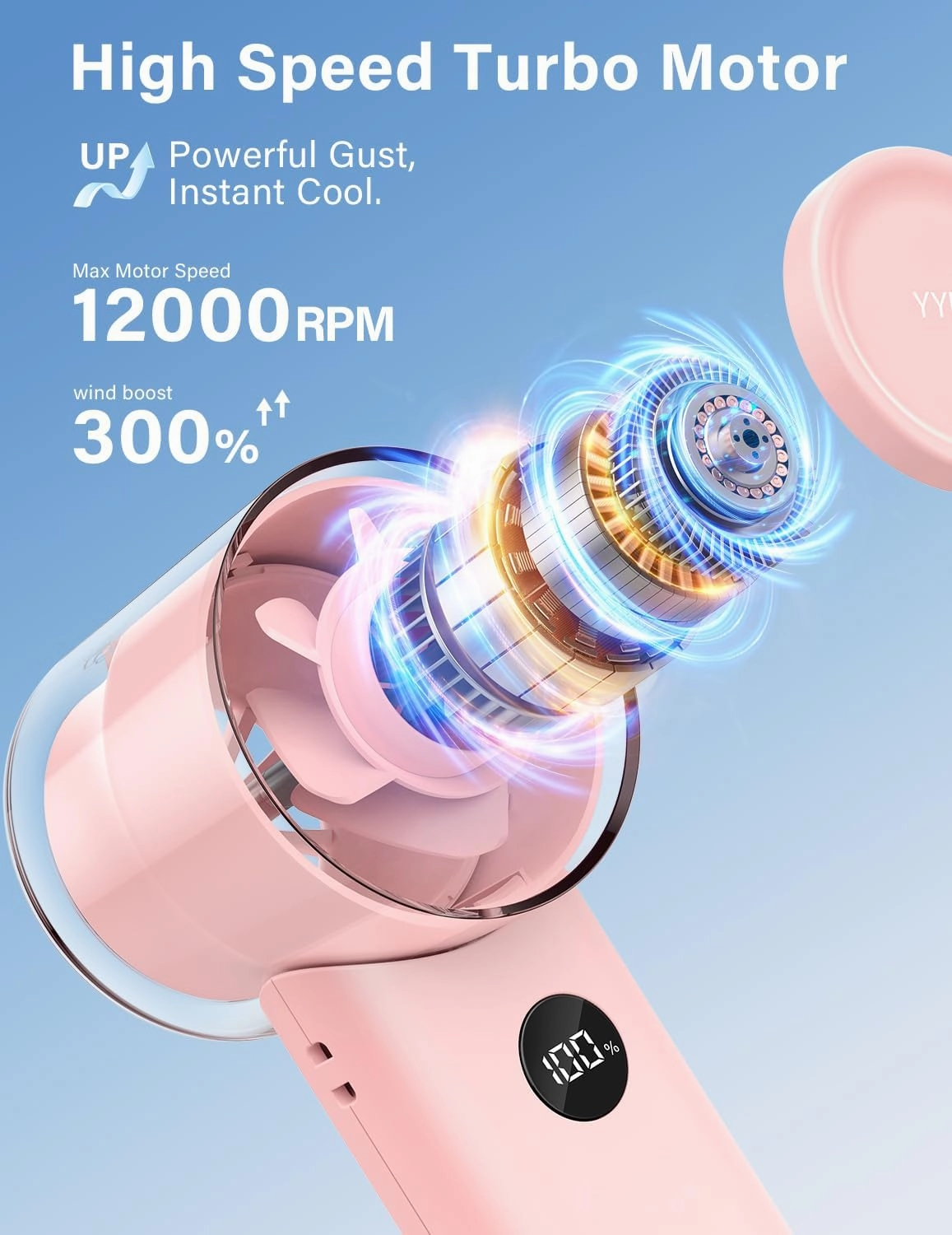 Portable Handheld Turbo Fan, Foldable 5 Speed 3-in-1 Rechargeable Personal Hand Held Fan with 90 Direction Control & Digital Display, Pocket Mini Fans for Travel, Outdoor, Home, Office Pink