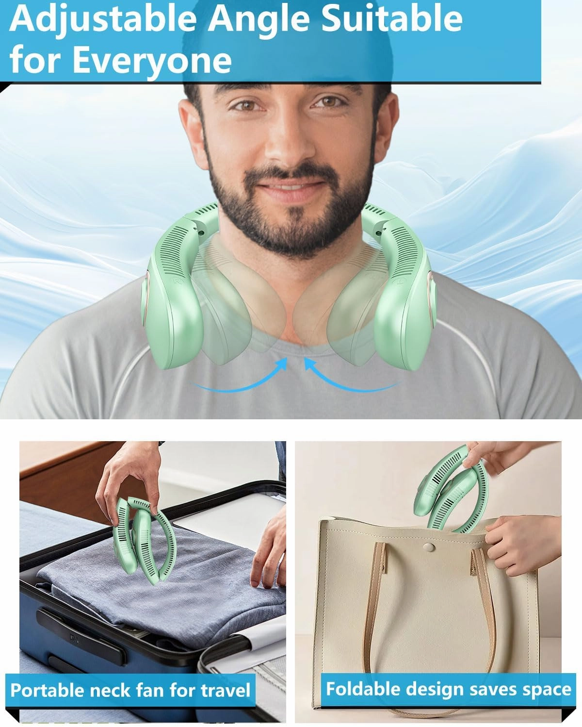 Portable Neck Fans that Blow Cold Air,Battery Powered Folding Fan 4 Speeds,Quiet Mobile Foldaway Fan Around Your Neck,Hands Free Foldable No Blade Personal Fans For Your Neck Green