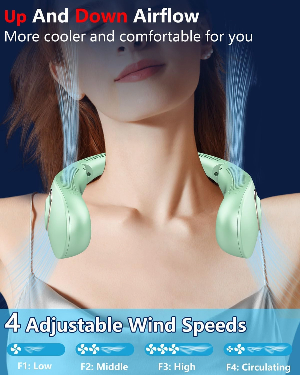 Portable Neck Fans that Blow Cold Air,Battery Powered Folding Fan 4 Speeds,Quiet Mobile Foldaway Fan Around Your Neck,Hands Free Foldable No Blade Personal Fans For Your Neck Green