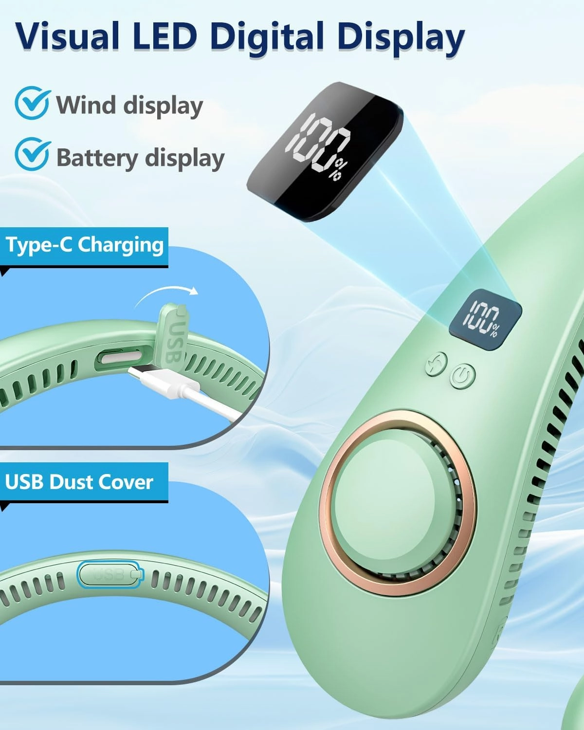 Portable Neck Fans that Blow Cold Air,Battery Powered Folding Fan 4 Speeds,Quiet Mobile Foldaway Fan Around Your Neck,Hands Free Foldable No Blade Personal Fans For Your Neck Green