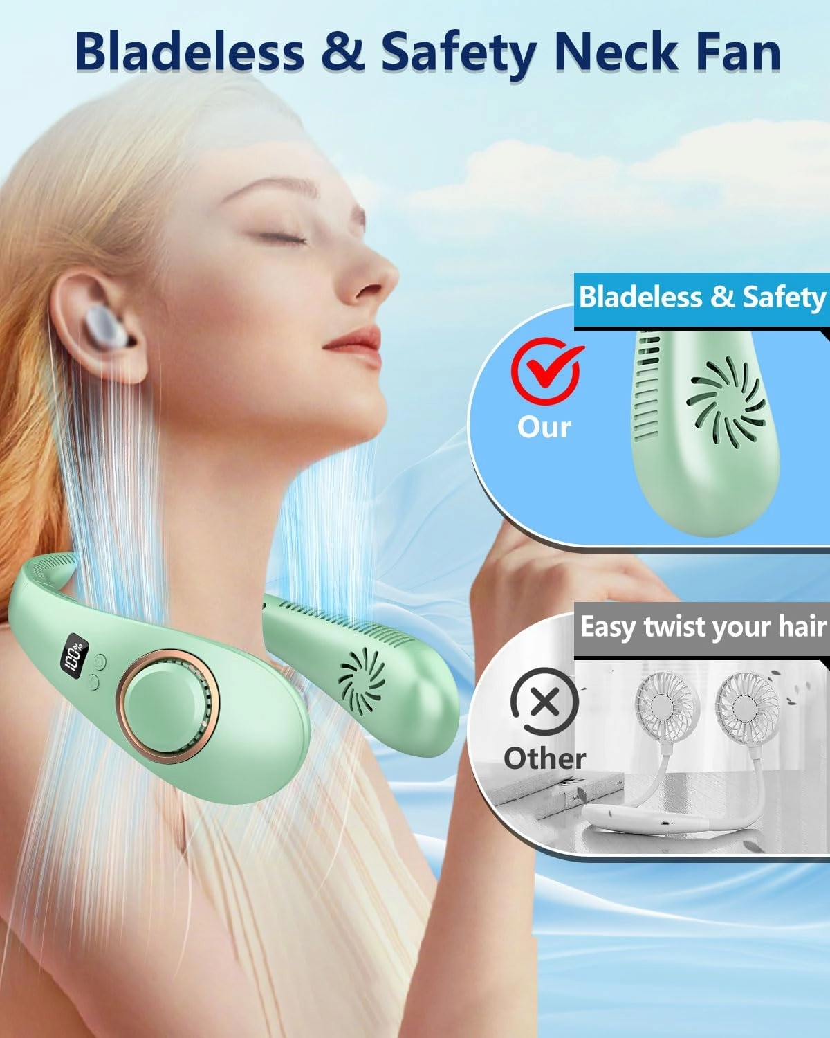 Portable Neck Fans that Blow Cold Air,Battery Powered Folding Fan 4 Speeds,Quiet Mobile Foldaway Fan Around Your Neck,Hands Free Foldable No Blade Personal Fans For Your Neck Green