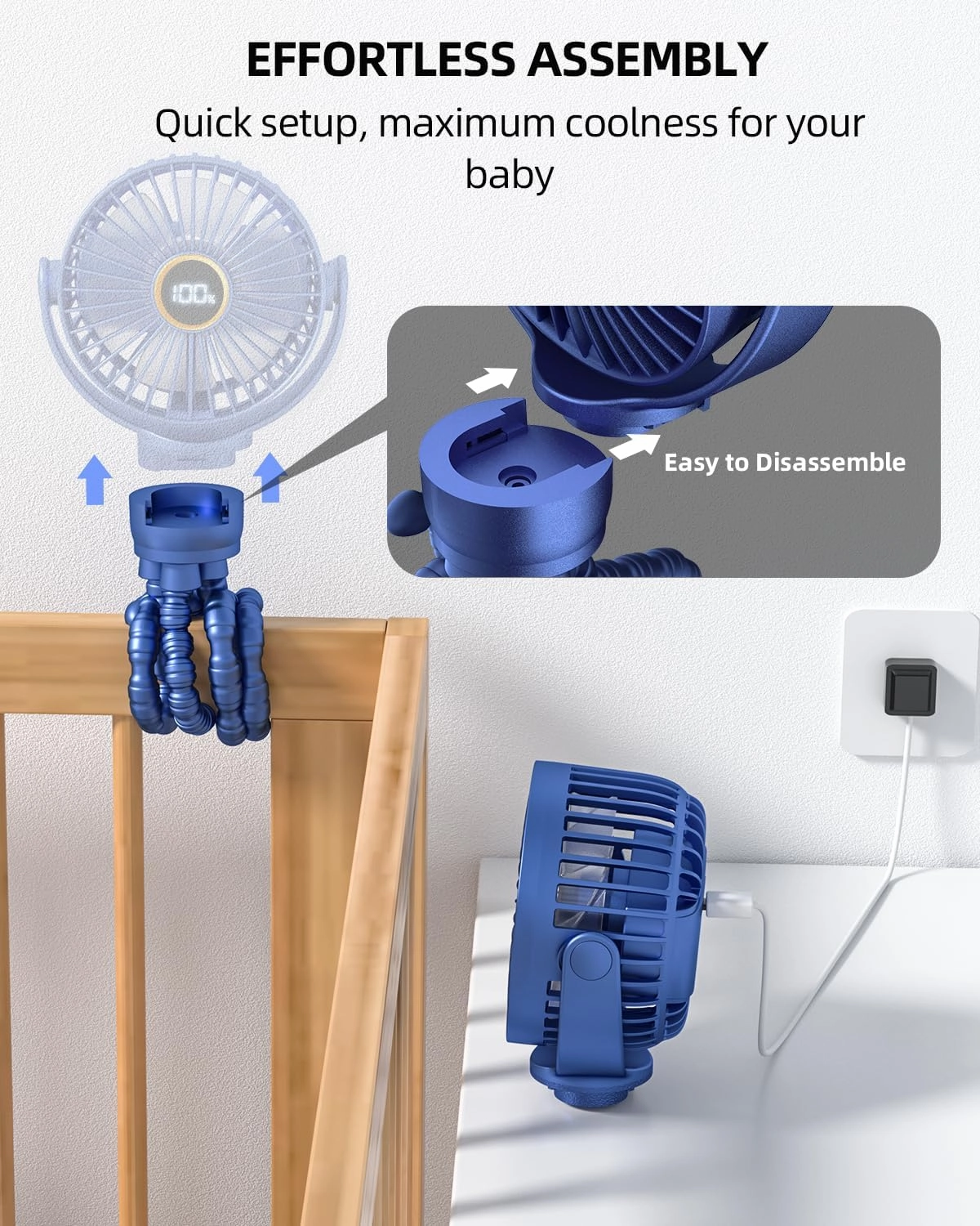 Portable Stroller Mini Fan, Small Rechargeable Personal Cooler w/ 360 Rotation, 3-Speed, Display, Battery Powered Stroller Accessories, Baby Essentials for Car Seat, Crib, Bike, Treadmill, Blue
