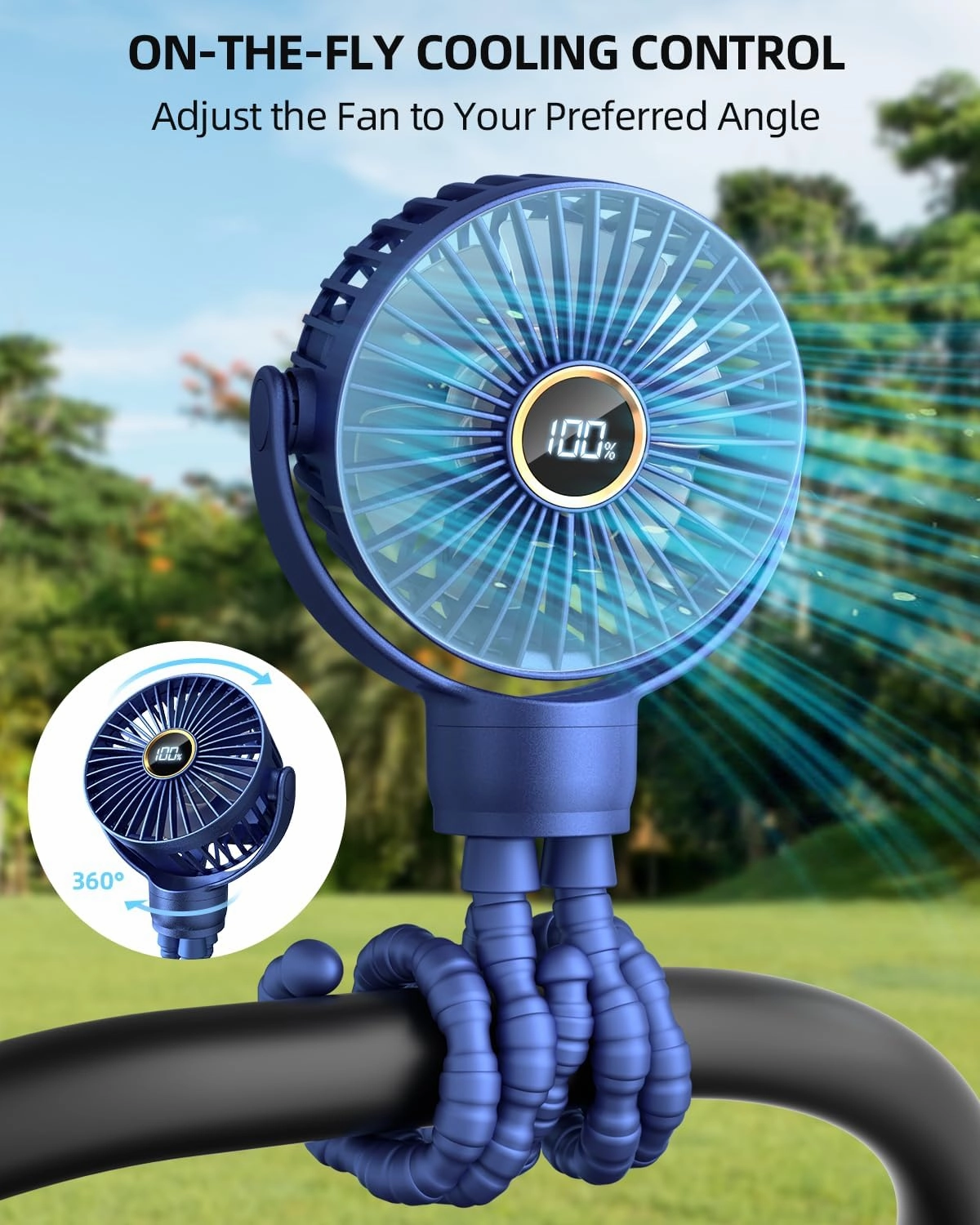 Portable Stroller Mini Fan, Small Rechargeable Personal Cooler w/ 360 Rotation, 3-Speed, Display, Battery Powered Stroller Accessories, Baby Essentials for Car Seat, Crib, Bike, Treadmill, Blue