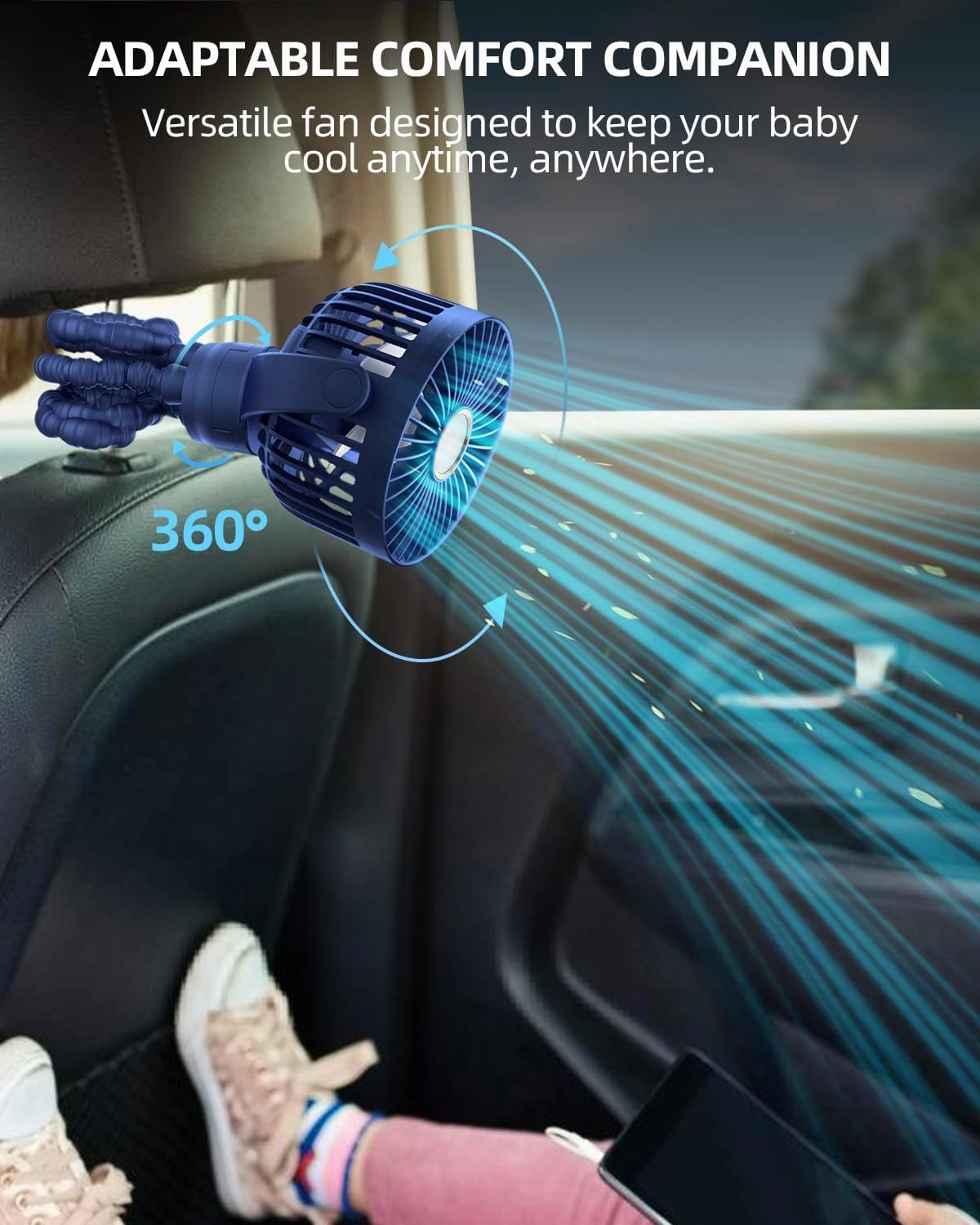 Portable Stroller Mini Fan, Small Rechargeable Personal Cooler w/ 360 Rotation, 3-Speed, Display, Battery Powered Stroller Accessories, Baby Essentials for Car Seat, Crib, Bike, Treadmill, Blue