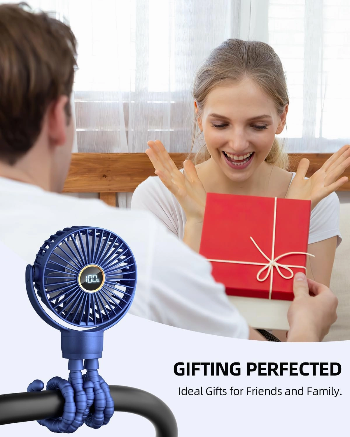 Portable Stroller Mini Fan, Small Rechargeable Personal Cooler w/ 360 Rotation, 3-Speed, Display, Battery Powered Stroller Accessories, Baby Essentials for Car Seat, Crib, Bike, Treadmill, Blue