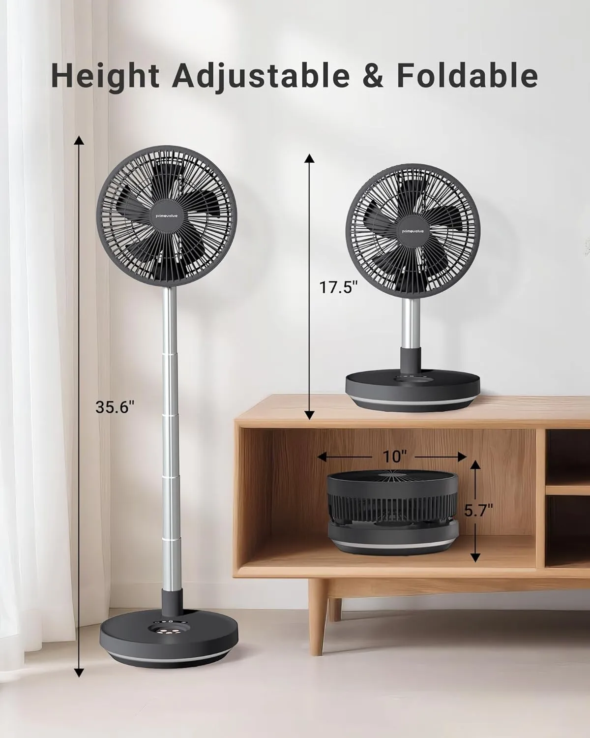 Primevolve Portable Rechargeable Oscillating Fan, Battery Operated Fan Adjustable Height, USB Home Office Outdoor Camping Travel, Dark Gray 10"