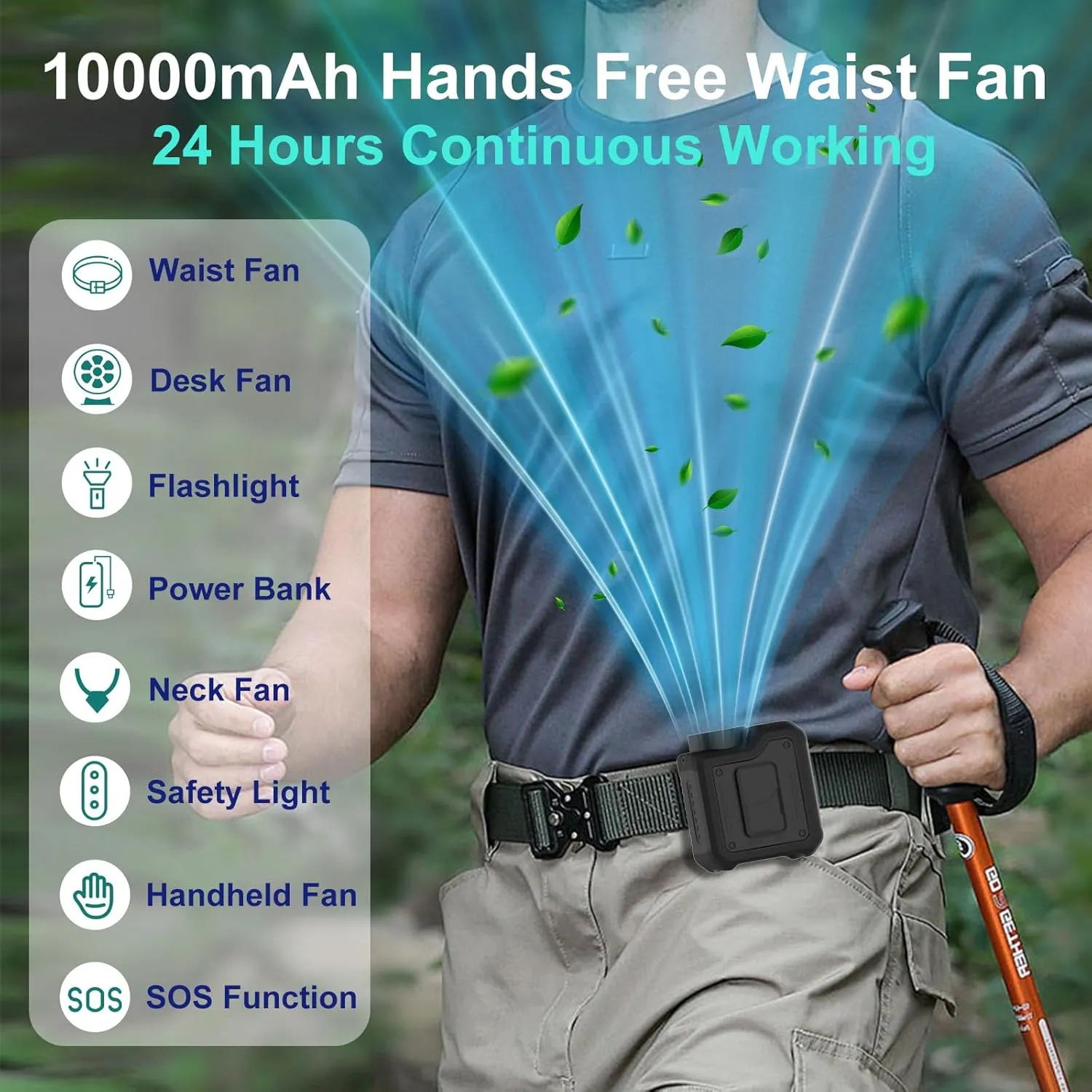 Qerhod 7 IN 1 Portable Waist Fan, Turbo Powerful Cooling,Personal Wearable Neck Fan,Handheld Fan,Hands Free Flashlight,USB Output,Rechargeable,10000mAh,4-Speeds,Gifts for Men Women (Black)