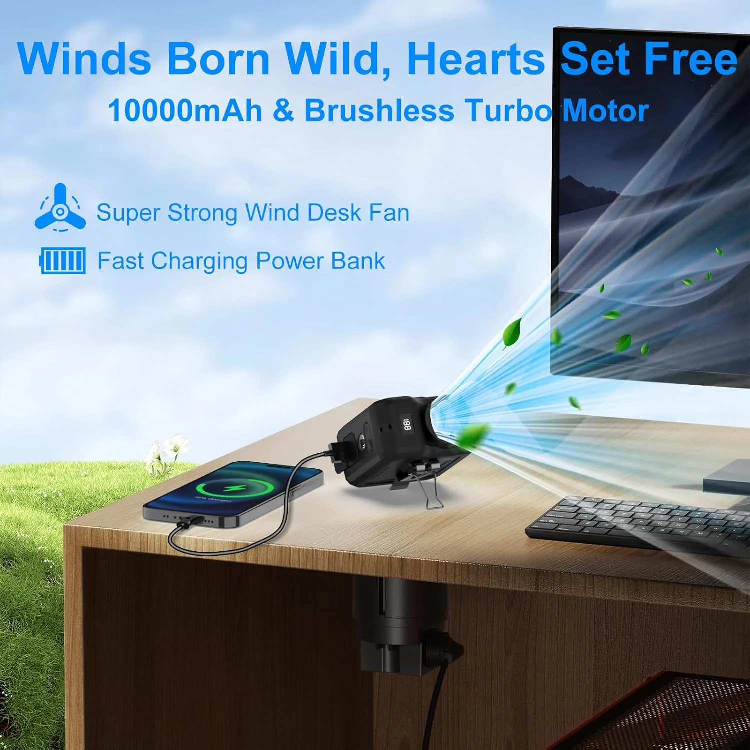 Qerhod 7 IN 1 Portable Waist Fan, Turbo Powerful Cooling,Personal Wearable Neck Fan,Handheld Fan,Hands Free Flashlight,USB Output,Rechargeable,10000mAh,4-Speeds,Gifts for Men Women (Black)