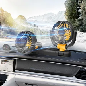 Qidoe Car Fan - Dual Head USB for Vehicle, (2025 Upgraded) Auto Fans Portable Cooling Fan - Brushless Motor, 360 Rotation Fans for Cars Dashboard, SUV/RV/Truck/Sedan/Cruise/Office, USB Powered 360-degree rotating fan for home use