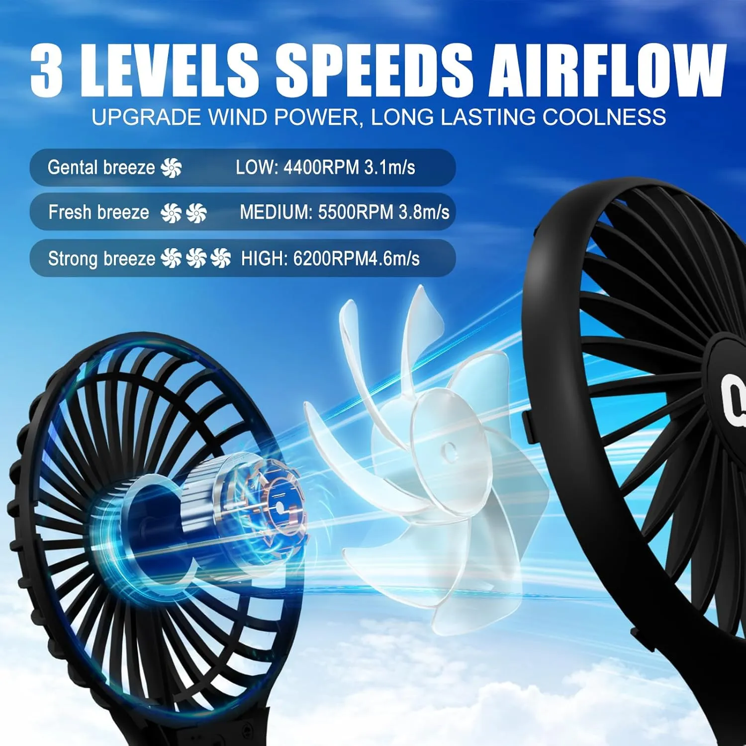 QQT Mini Handheld Fan, Small Personal Cooler with 3 Speeds, Portable Battery Operated, USB Rechargeable Makeup Eyelash Dryer, Strong Airflow for Travel, Office, Outdoor, Women, Men, and Kids(Black)