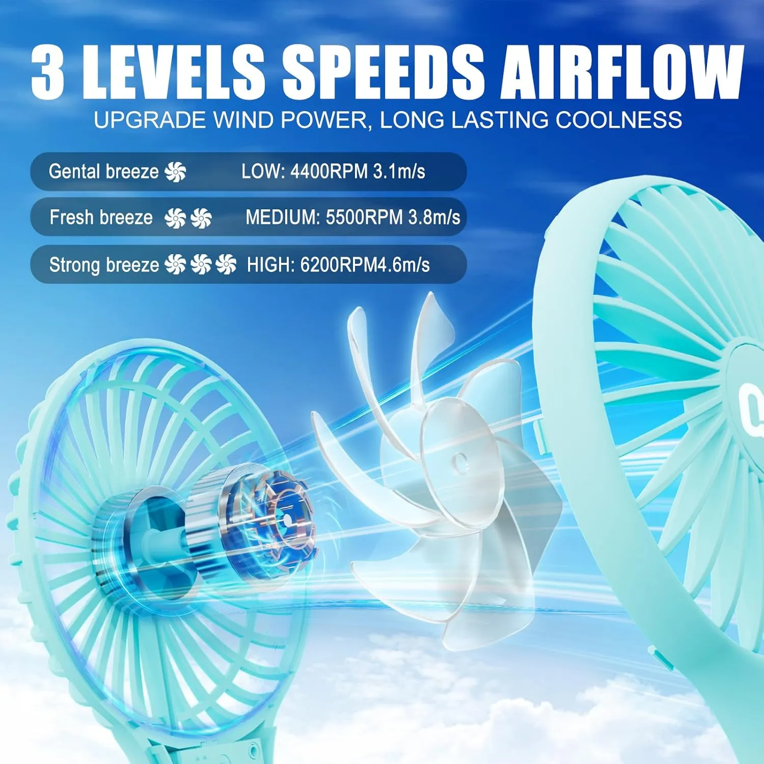 QQT Mini Handheld Fan, Small Personal Cooler with 3 Speeds, Portable Battery Operated, USB Rechargeable Makeup Eyelash Dryer, Strong Airflow for Travel, Office, Outdoor, Women, Men, and Kids(Blue)