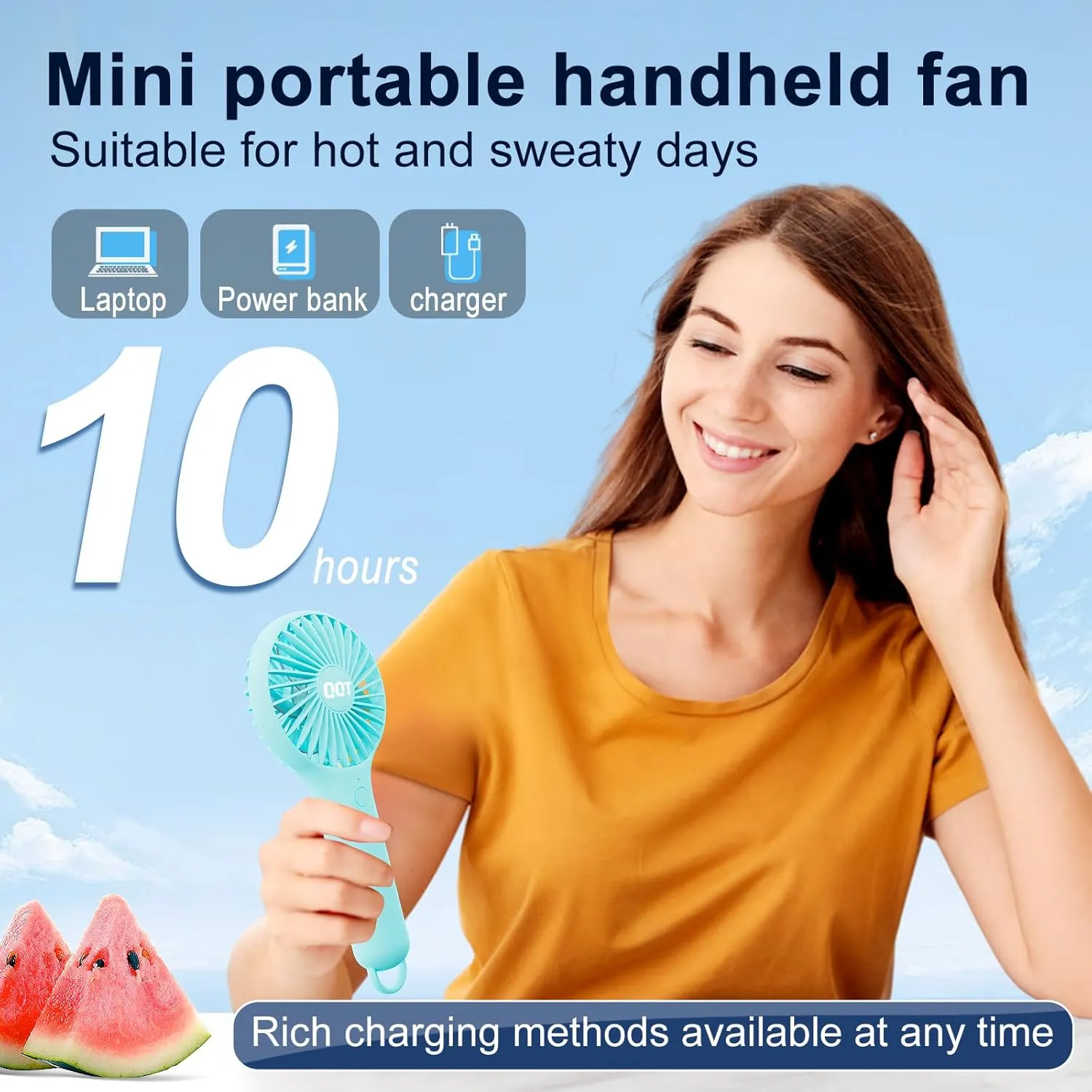 QQT Mini Handheld Fan, Small Personal Cooler with 3 Speeds, Portable Battery Operated, USB Rechargeable Makeup Eyelash Dryer, Strong Airflow for Travel, Office, Outdoor, Women, Men, and Kids(Blue)