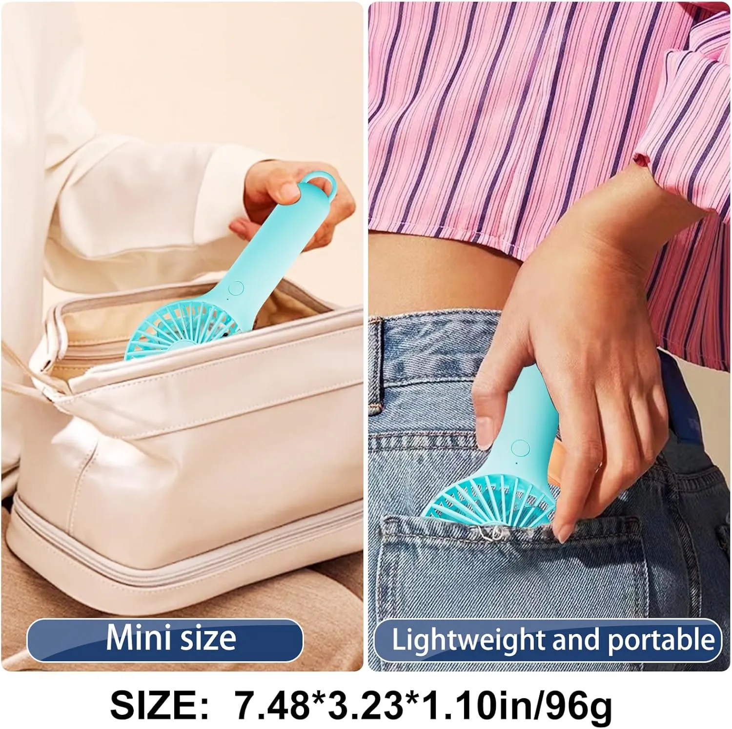 QQT Mini Handheld Fan, Small Personal Cooler with 3 Speeds, Portable Battery Operated, USB Rechargeable Makeup Eyelash Dryer, Strong Airflow for Travel, Office, Outdoor, Women, Men, and Kids(Blue)