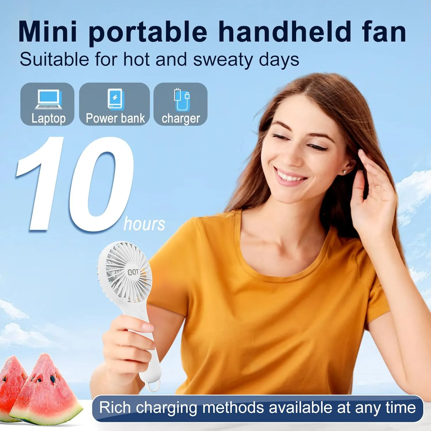 QQT Mini Handheld Fan, Small Personal Cooler with 3 Speeds, Portable Battery Operated, USB Rechargeable Makeup Eyelash Dryer, Strong Airflow for Travel, Office, Outdoor, Women, Men, and Kids(White)
