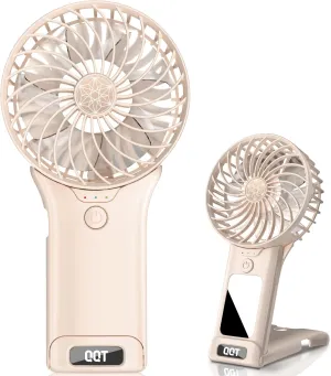 QQT Mini Handheld Fan,4 Speed Adjustable Portable Battery Operated Fans,USB Rechargeable Desk Fan with Mirror,Max 15 Hrs Hand Fan For Travel Office Outdoor Women Men (Beige) Mini handheld fan for personal cooling