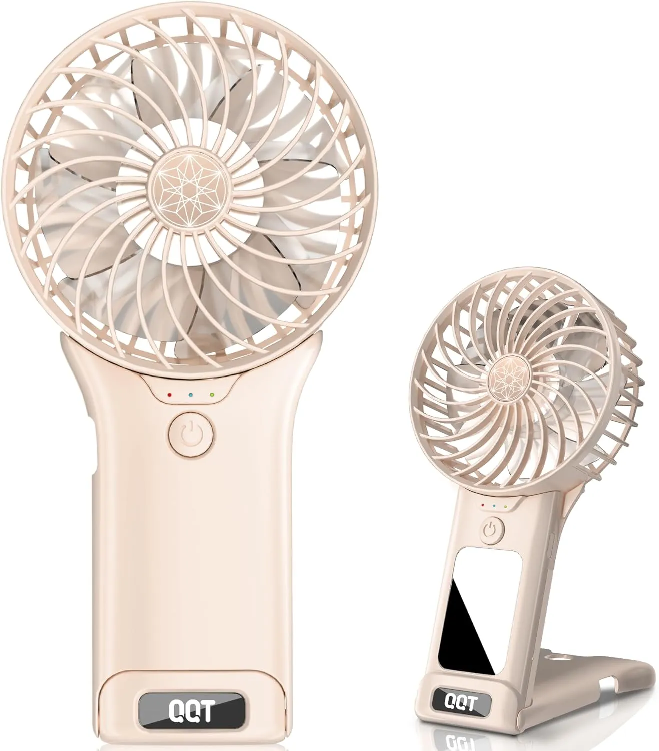 QQT Mini Handheld Fan,4 Speed Adjustable Portable Battery Operated Fans,USB Rechargeable Desk Fan with Mirror,Max 15 Hrs Hand Fan For Travel Office Outdoor Women Men (Beige) Mini handheld fan for personal cooling