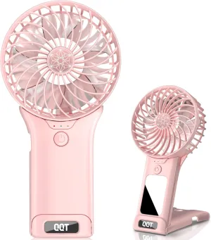 QQT Mini Handheld Fan,4 Speed Adjustable Portable Battery Operated Fans,USB Rechargeable Desk Fan with Mirror,Max 20 Hrs Hand Fan For Travel Office Outdoor Women Men (Pink) Mini handheld fan for personal cooling