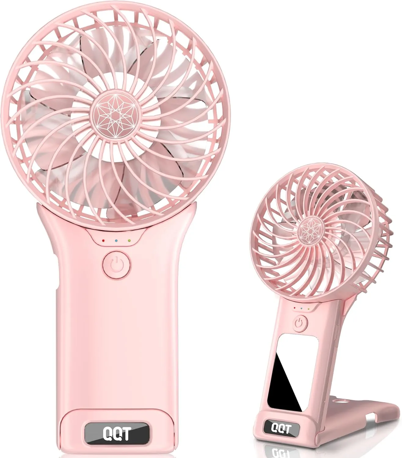 QQT Mini Handheld Fan,4 Speed Adjustable Portable Battery Operated Fans,USB Rechargeable Desk Fan with Mirror,Max 20 Hrs Hand Fan For Travel Office Outdoor Women Men (Pink) Mini handheld fan for personal cooling