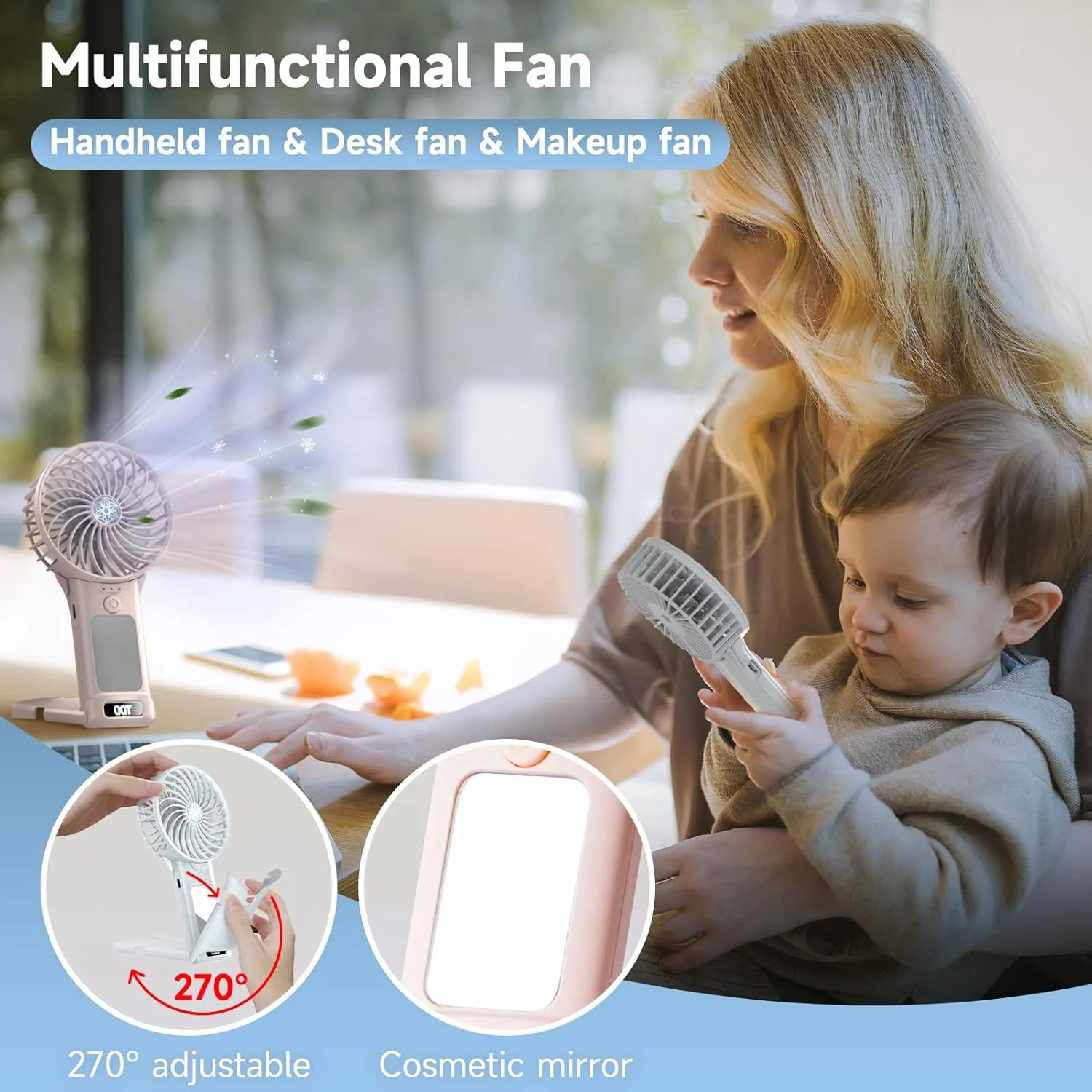 QQT Mini Handheld Fan,4 Speed Adjustable Portable Battery Operated Fans,USB Rechargeable Desk Fan with Mirror,Max 20 Hrs Hand Fan For Travel Office Outdoor Women MenPink&Black