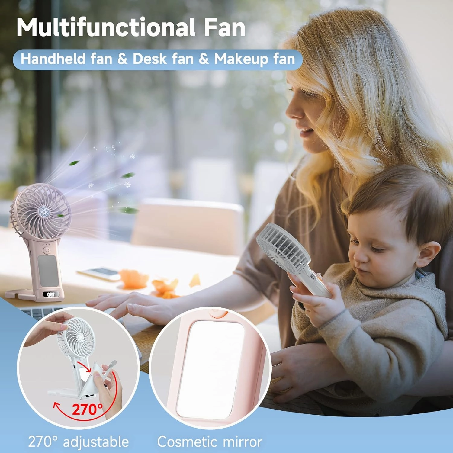 QQT Mini Handheld Fan,4 Speed Adjustable Portable Battery Operated Fans,USB Rechargeable Desk Fan with Mirror,Max 20 Hrs Hand Fan For Travel Office Outdoor Women MenPink&DarkBlue