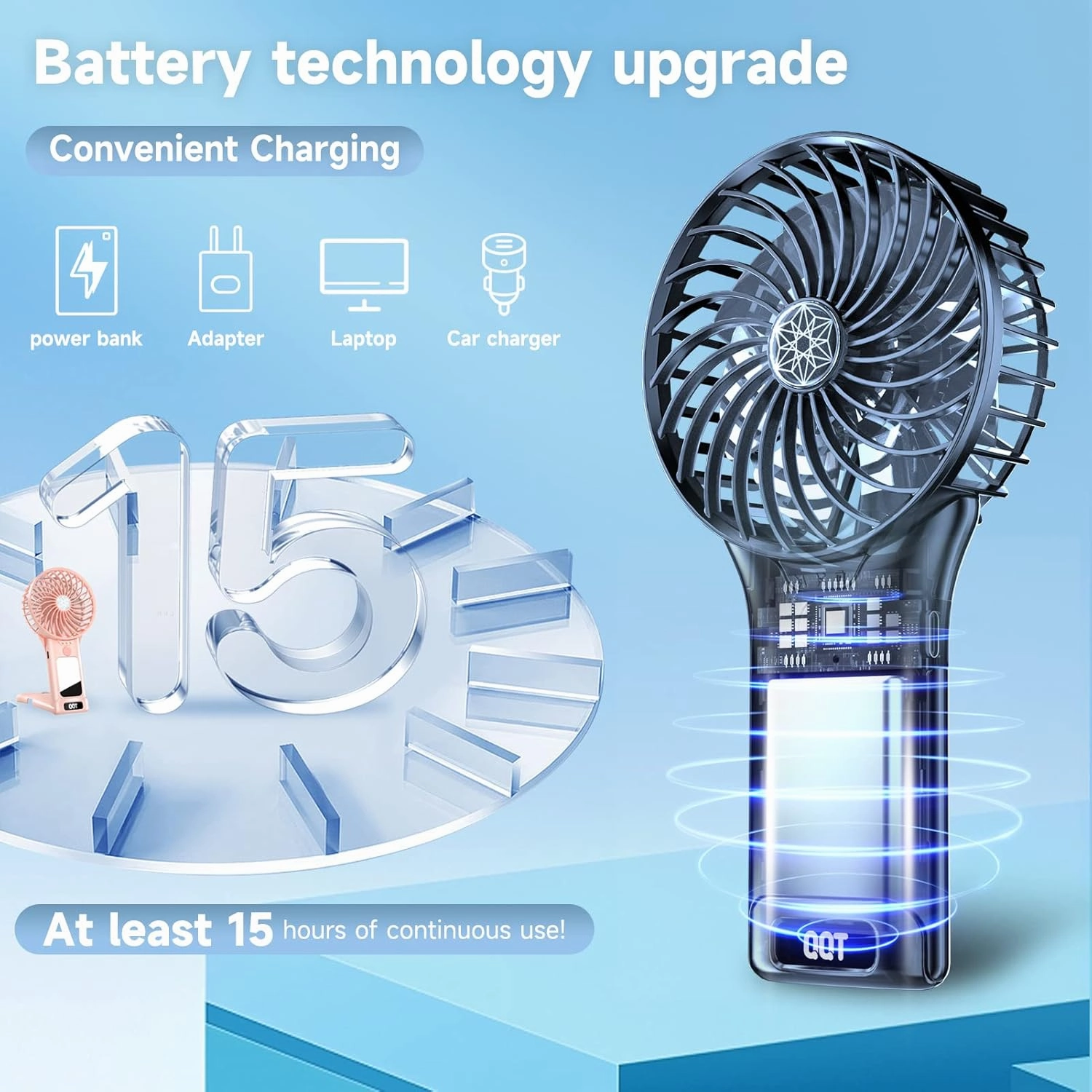 QQT Mini Handheld Fan,4 Speed Adjustable Portable Battery Operated Fans,USB Rechargeable Desk Fan with Mirror,Max 20 Hrs Hand Fan For Travel Office Outdoor Women MenPink&DarkBlue