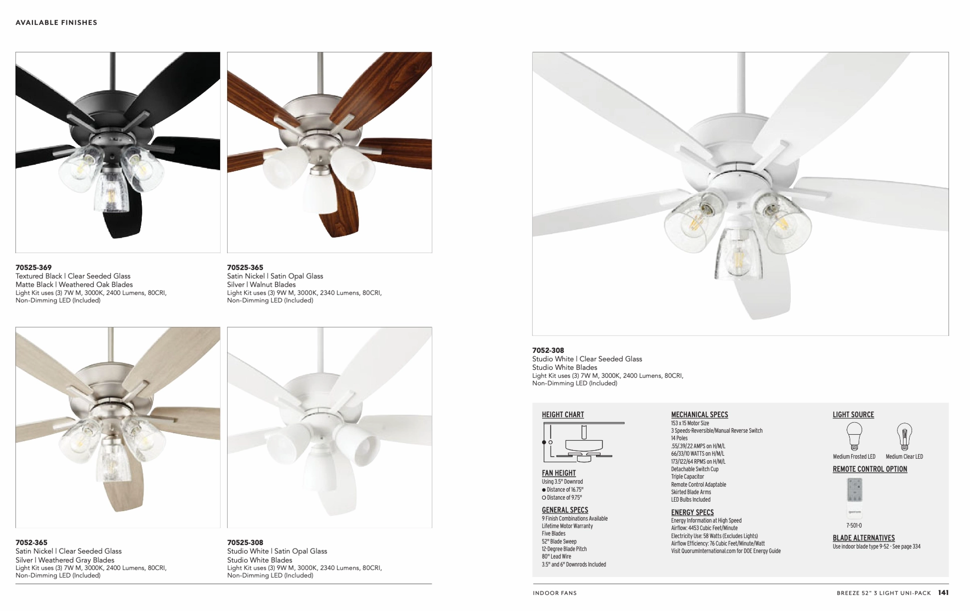 Quorum Breeze 52" Indoor 3 Light 21W Non Dimming LED Pull Chain Ceiling Fan