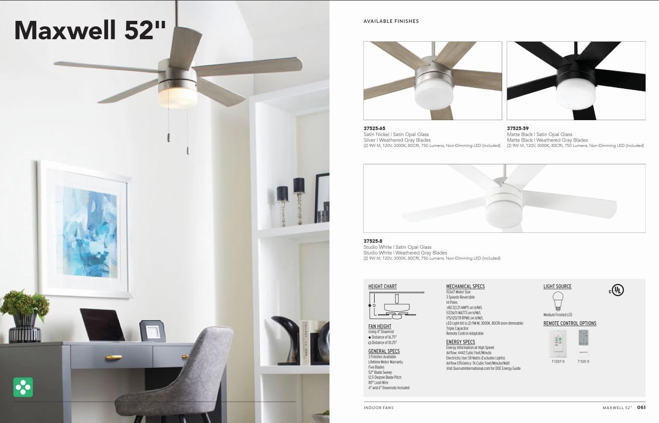 Quorum Maxwell 52" 28W LED Pull Chain Ceiling Fan