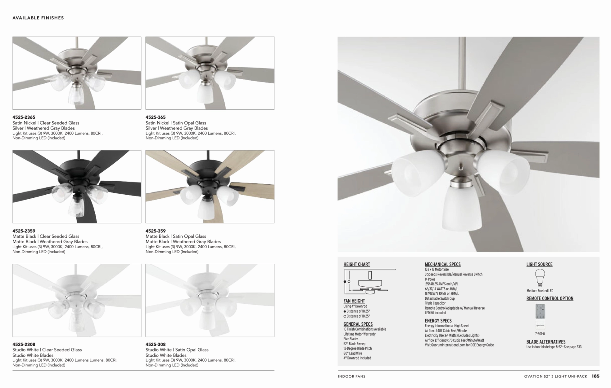 Quorum Ovation 52" 3 Light 27W LED Indoor Pull Chain Ceiling Fan