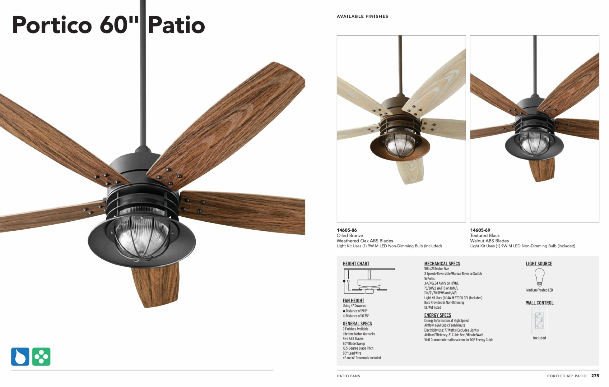 Quorum Portico 60" Outdoor 9W LED Patio Fan with Wall Control